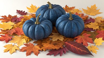 Three Blue Pumpkins on Autumn Leaves, Fall Still Life Photography, Three pumpkins surrounded by colorful autumn leaves. Keywords Pumpkin, Fall