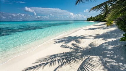 Tropical Beach Scene Palm Shadow on White Sand, Turquoise Water, High Angle Composition, Island Getaway Beach Photography, Tropical Paradise