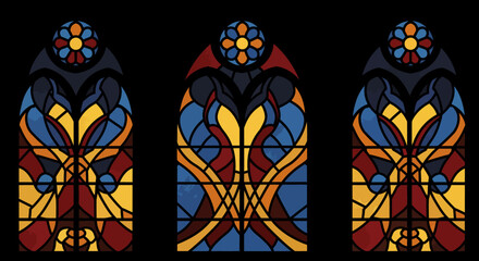 Three colorful stained glass windows with symmetric flowerlike designs set against a dark background