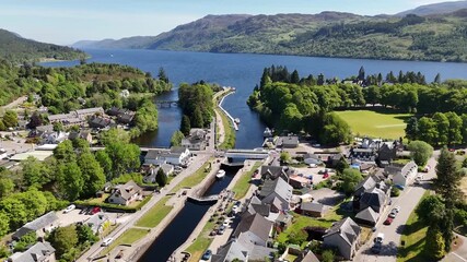 Aerial view of Fort Augustus town at Loch Ness, lake in Scotland, United Kingdom