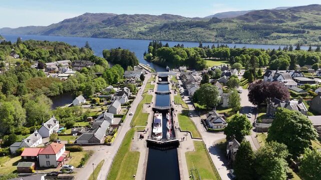 Aerial shot of Fort Augustus town at Loch Ness, lake in Scotland, United Kingdom