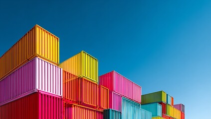 Fototapeta premium Colorful shipping containers stacked outdoors against a clear blue sky, vibrant industrial and logistics scene