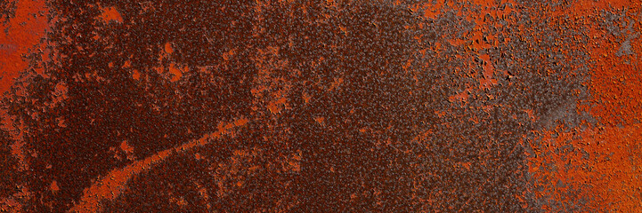 Old rusty metal texture. Rust on the surface of the iron wall. Panoramic background for grunge design.