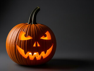 Citrouille Halloween effrayante sculpt&eacute;e avec lumi&egrave;re int&eacute;rieure sur un fond uni et isol&eacute;