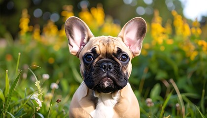Fototapeta premium Close-up of a fawn-colored French Bulldog puppy sitting in a field of vibrant greenery