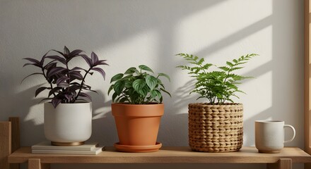 Scandinavian interior shelf with ceramic and rattan planters, indoor plants composition, cozy home decor, ai generation