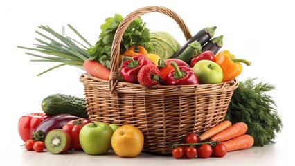 Wicker Basket of Colorful Fresh Produce Composition, Image Details and Concept, healthy food, farm fresh