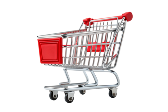 A miniature red and silver metal shopping cart isolated on transparent background