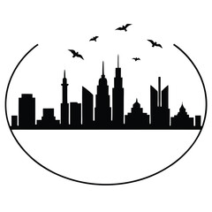Obraz premium Minimalist City Skyline in Circle with Peaceful Sky and Birds
