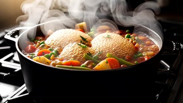 Delicious homemade vegetable stew simmering in a pot, showcasing steam and fresh ingredients