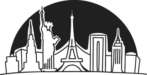 Obraz premium Vector illustration of an ancient European city with famous architectural landmarks like a church, castle, and the Eiffel Tower