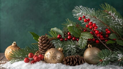 Winter Wonderland Festive Composition Gold Ornaments, Pine Cones, Holly Berries and Snow, Christmas Decoration, Holiday Image Christmas, Holiday