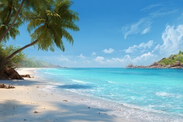 Tropical beach island with clear turquoise waters and lush palm trees under a bright sunny sky, ideal for relaxation and vacation activities