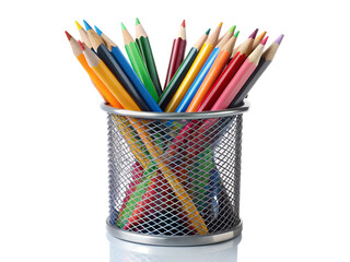 A metal mesh cup filled with colorful sharpened pencils, isolated on transparent background