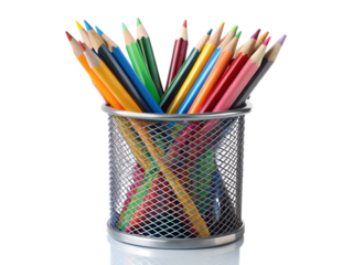 A metal mesh cup filled with colorful sharpened pencils, isolated on transparent background