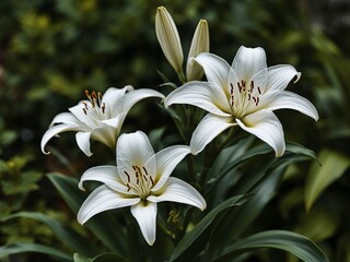 Fototapeta premium A Trio of White Floral Blooms Against a Backdrop of Verdant Shadows and Soft Light.