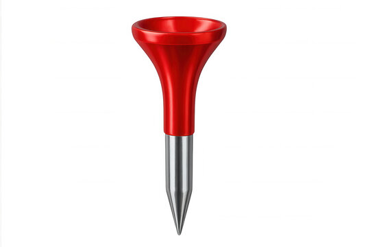 Red plastic golf tee with metal tip standing on transparent background, ready for a perfect drive