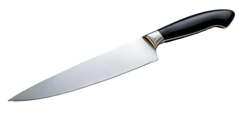 A chef's knife with a long, stainless steel blade and a dark, smooth handle