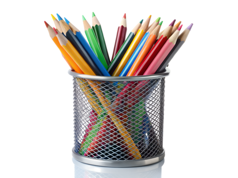 A metal mesh cup filled with colorful sharpened pencils, isolated on transparent background