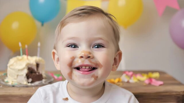 Happy baby with messy face smiling and blinking while enjoying birthday cake celebration with balloons and decorations perfect candid childhood party moment in motion