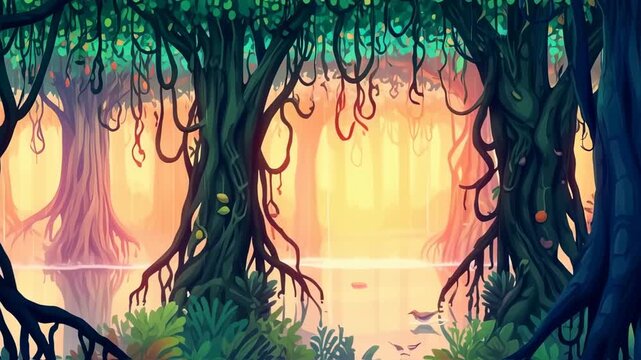 Mystical forest reflection, ethereal atmosphere, cartoonish background for animation and