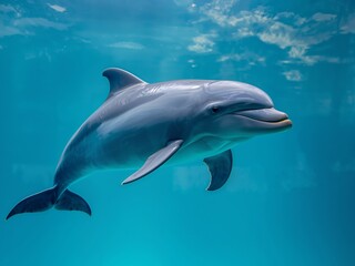 Naklejka premium Aquatic Serenity. A Sleek Dolphins Dance in the Blue Depths, Peaceful and Calm.