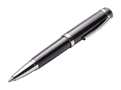 A sleek, modern black and gold rollerball pen isolated on a transparent background