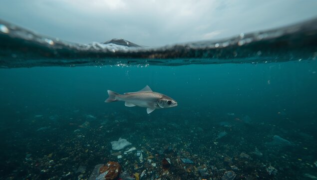 Aquatic Realm. Silver Fish in Murky Depths beneath a Distorted Horizon.