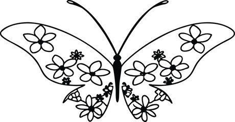 Vector art illustration of a vintage black and white butterfly floral pattern