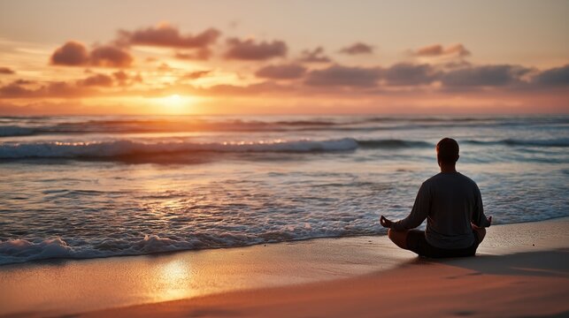 Man meditating in lotus pose on sandy beach at sunset, performing yoga with ocean view for wellness and mindfulness concepts