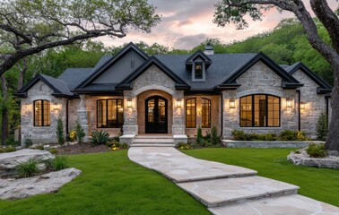 a suburban neighborhood, midway between light gray and dark beige, there's an elegant home with large windows that showcase stunning sunrise views