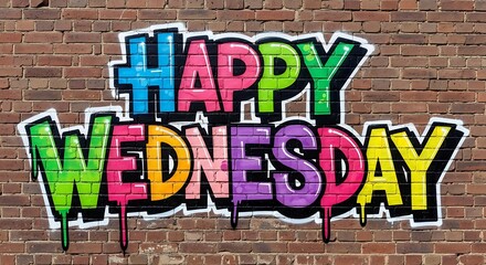 Colorful graffiti lettering of "Happy Wednesday" on a brick wall.