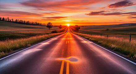 A long road stretching into a vibrant sunset with a colorful sky and surrounding landscape scenery view