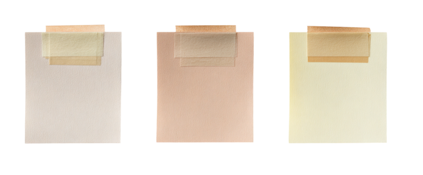 Three blank notepads with beige, peach, and cream colored backgrounds.  Each notepad has a strip of light beige tape across the top