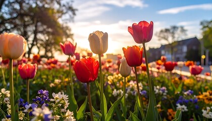 Fototapeta premium Colorful tulips in a sunny garden