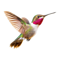 Colorful Hummingbird in flight isolated on a transparent white background, clipping path