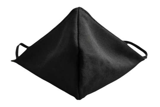 Dark gray/black cloth face mask,  triangle shape, simple design,  elastic ear loops