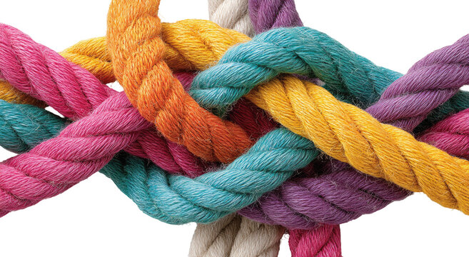 Intertwined colorful ropes forming a complex knot (1)