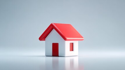 Minimalist toy house with red roof on reflective surface, soft lighting concept.