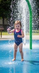 Little girl laughing and playing in a water fountain on a sunny day
