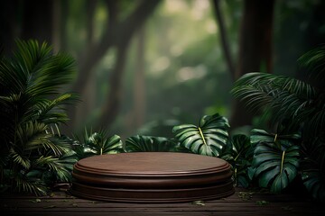 Obraz premium Wooden podium surrounded by tropical leaves in lush jungle scene outdoors.