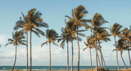Coastal Grove, a Tropical View. Palm Trees Silhouetted Against a Pale Blue Sky.