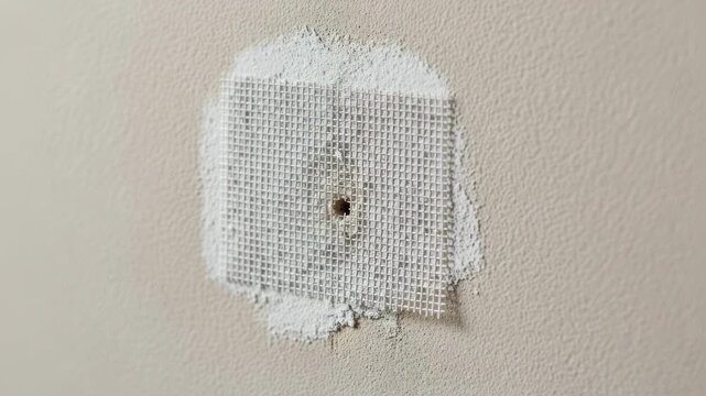 Close perspective on the texture of mesh drywall patch secured over a pinhole emphasizing crack prevention in wall repair.
