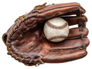 Baseball glove holding a ball.  Top view of a well-used, dark brown leather baseball glove, with visible stitching and texture, cradling a white baseball