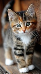 Obraz premium Adorable Calico Kitten with Green Eyes Standing on Wooden Floor