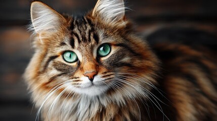 Close-up Portrait of a Beautiful Brown Tabby Cat with Emerald Green Eyes