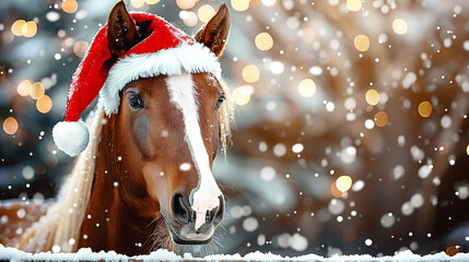 Close up of brown horse wearing Santa hat in snowy winter with festive lights
