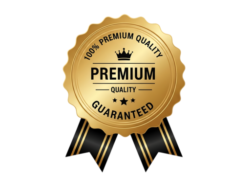Gold Premium Quality Guaranteed Seal with Ribbons on Black Background