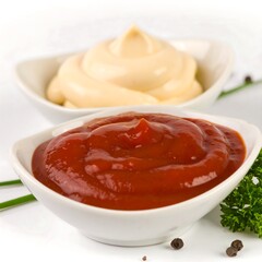 Two small white bowls of condiments; one mayo, one ketchup