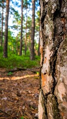 Fototapeta premium Pine tree trunk in forest floor